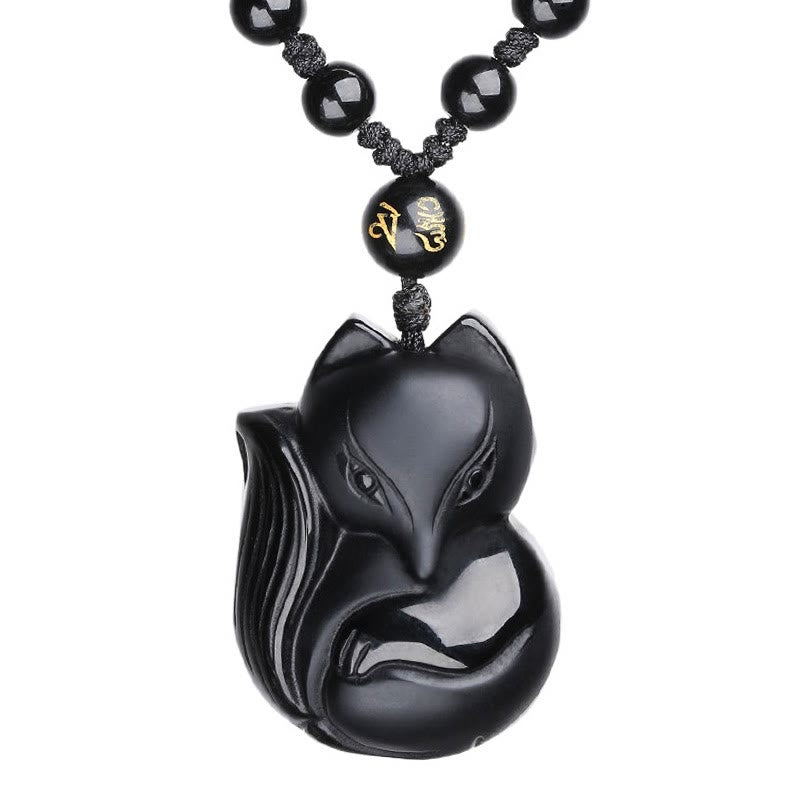 Buddha Stones Collier Amulette pendentif Renard en Obsidienne noire naturelle Oeil de tigre Obsidienne glacée