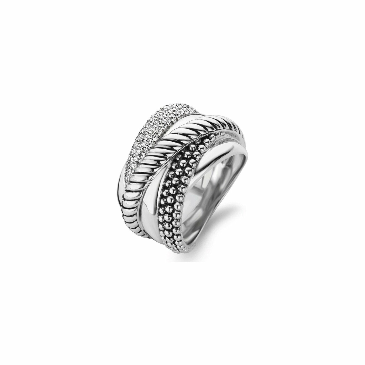 Bague Ti Sento en argent rhodié, multi rangs entrelacés