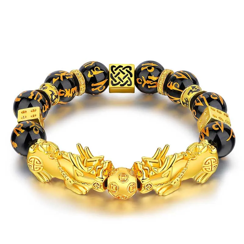 Bracelet de richesse Feng Shui Double PiXiu Obsidienne Om Mani Padme Hum Pierres de Buddha Stones