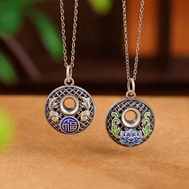 Buddha Stones Collier pendentif en argent sterling 999 avec boucle de paix et caractère de poisson Koi Fu Lotus