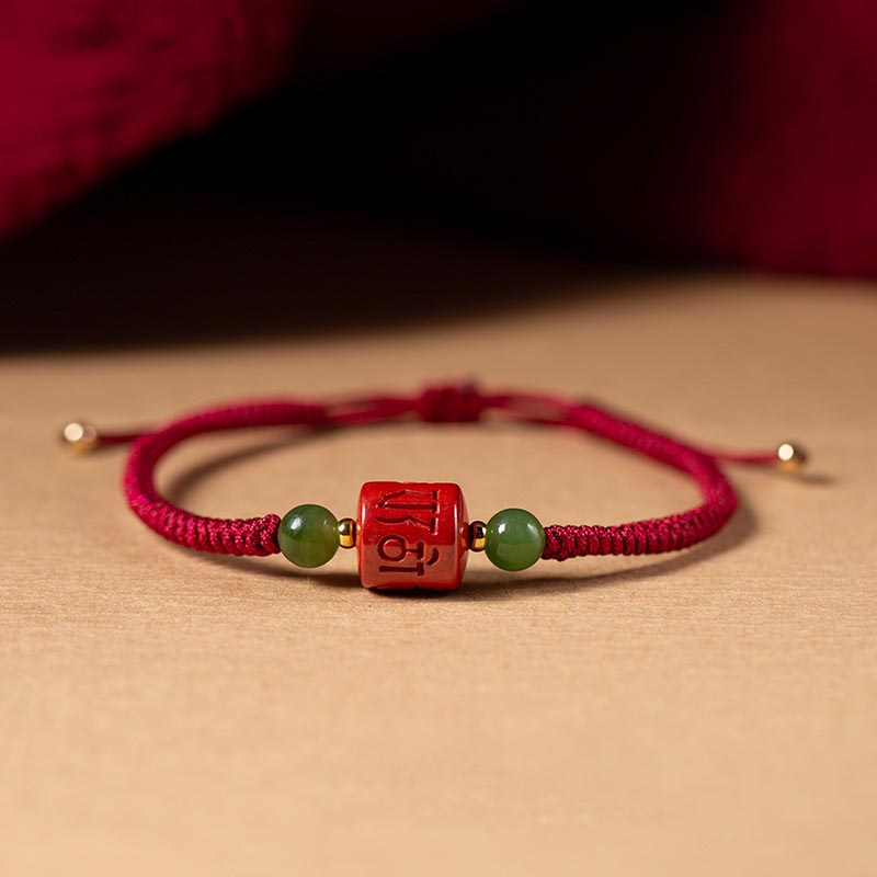 Bracelet en corde tressée avec bénédiction gravée Om Mani Padme Hum et Buddha Stones Tibetam Cinnabar
