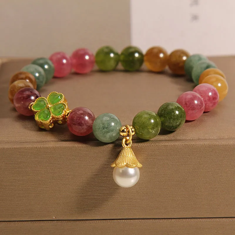 Bracelet de sagesse en forme de trèfle à quatre feuilles avec tourmaline colorée et Buddha Stones
