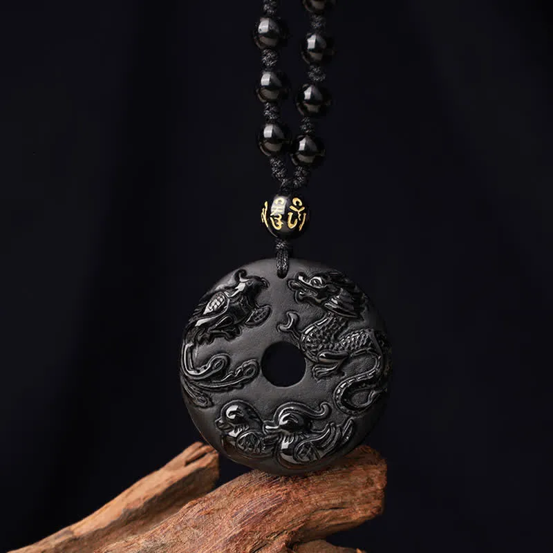 Collier pendentif protection chance canard mandarin dragon phénix obsidienne noire Buddha Stones