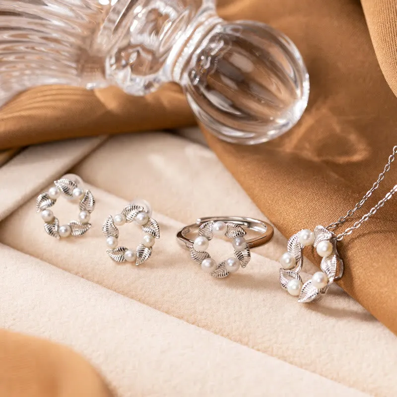 Ensemble de boucles d'oreilles, collier, pendentif, bague et bague en argent sterling 925 avec perles et feuilles de Buddha Stones