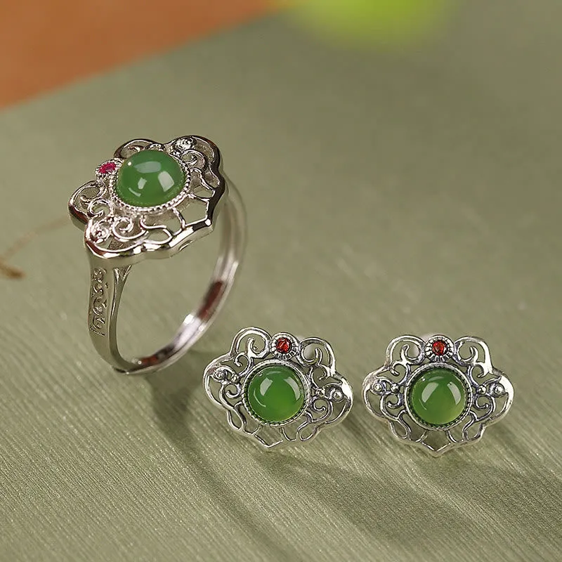 Ensemble de boucles d'oreilles et bague porte-bonheur en argent sterling 925 avec Buddha Stones en jade cyan Hetian naturel