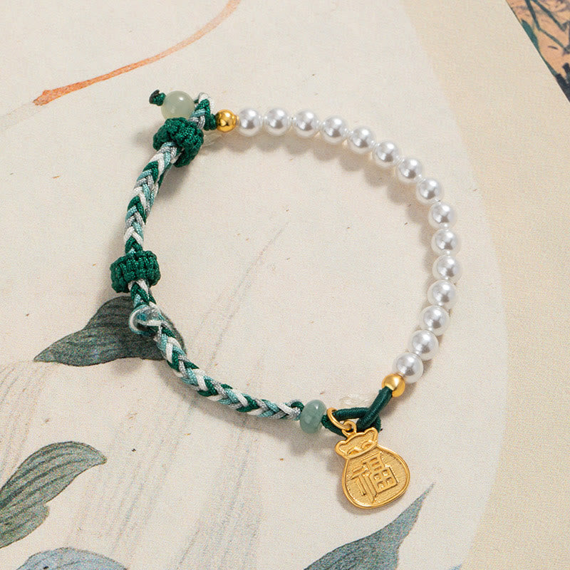 Bracelet en corde de sagesse en jade Hetian avec Buddha Stones -bonheur en argent sterling 925 et personnage Fu