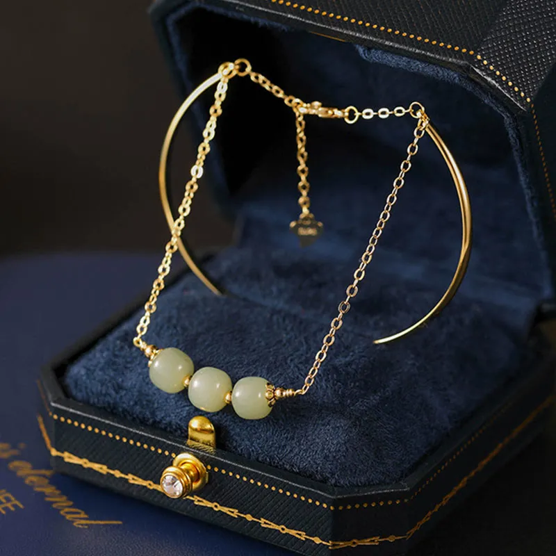 Bracelet double couche en perles de jade Hetian plaqué or et cuivre avec Buddha Stones