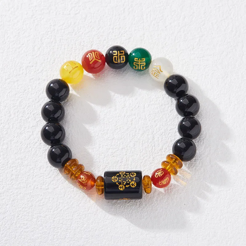 Bracelet de sagesse et de richesse en onyx noir et agate rouge avec cinq éléments de Buddha Stones
