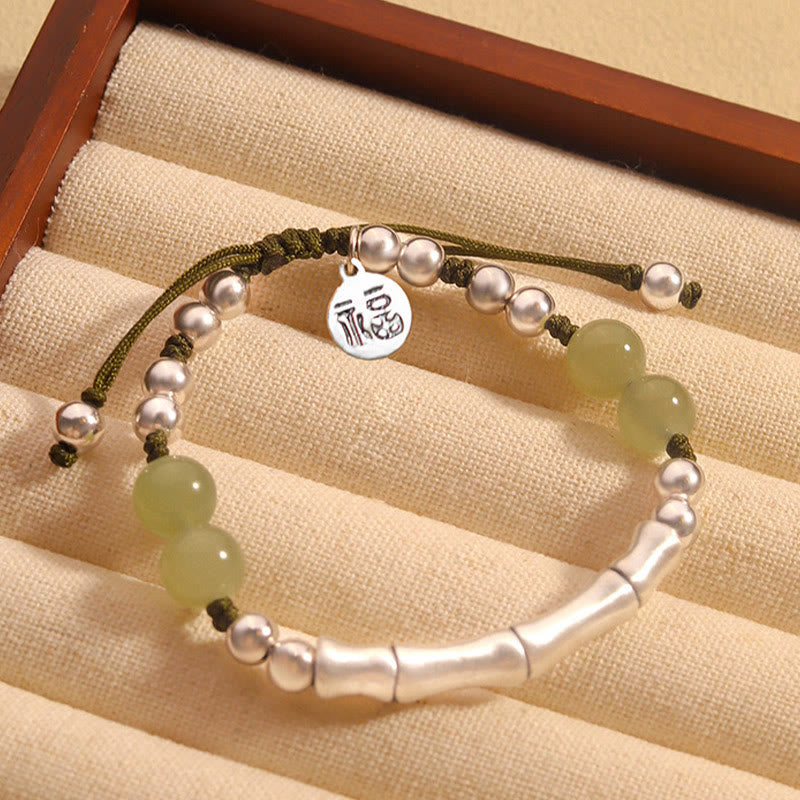 Bracelet en argent sterling 925 Buddha Stones et jade naturel Fu en bambou