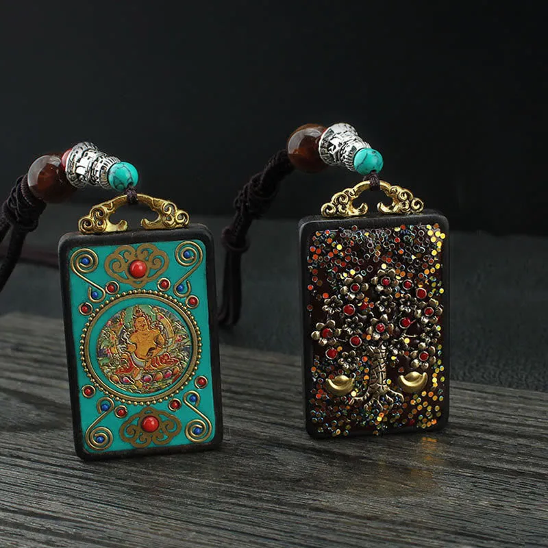 Buddha Stones Tibet Dieu de la richesse Arbre d'argent Phénix doré Thangka Collier pendentif en ébène pour la paix