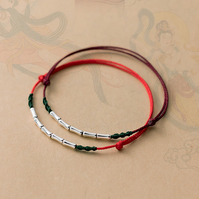 Bracelet en corde tressée ultra-fine en argent sterling 925 avec motif bambou et Buddha Stones