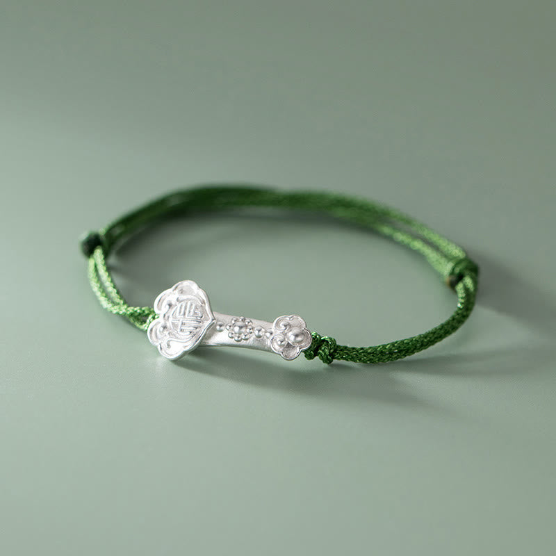 Bracelet en corde verte Buddha Stones faite à la main en argent sterling 999 avec personnage Fu et poignée Ruyi