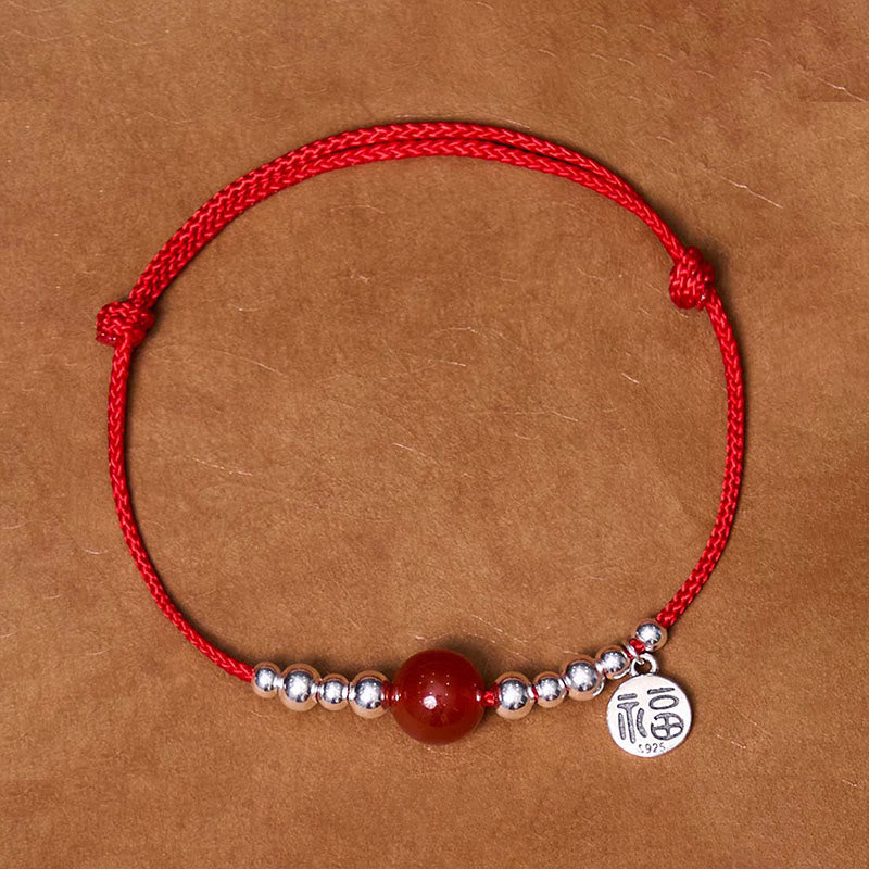 Bracelet en corde tressée ultra-mince en agate rouge avec personnage Fu en argent sterling 925 fait à la main par Buddha Stones