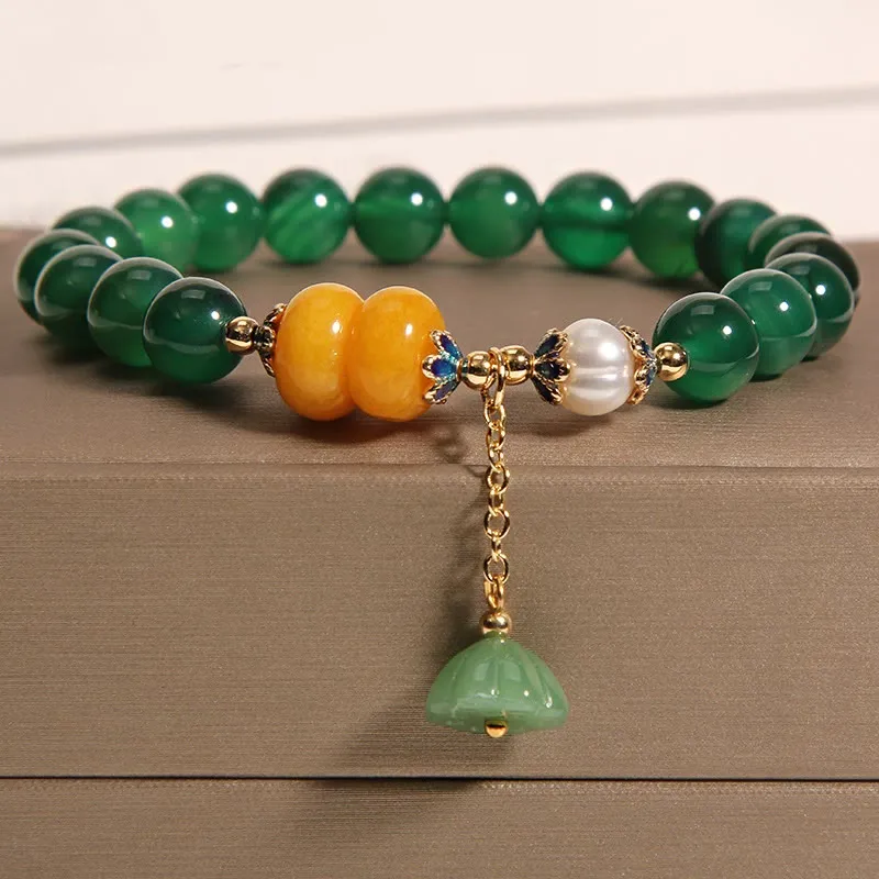 Bracelet de soutien pour gousses de lotus en agate verte et ambre avec Buddha Stones
