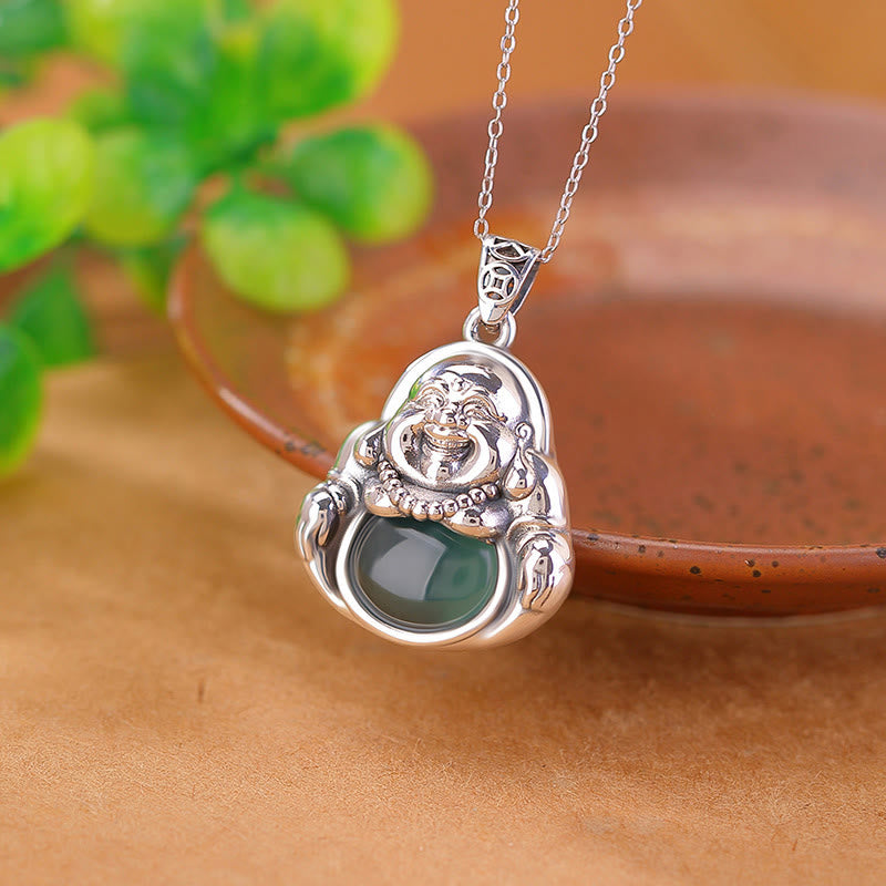 Buddha Stones avec pendentif en argent sterling 999 Bouddha rieur en jade cyan Lotus Success