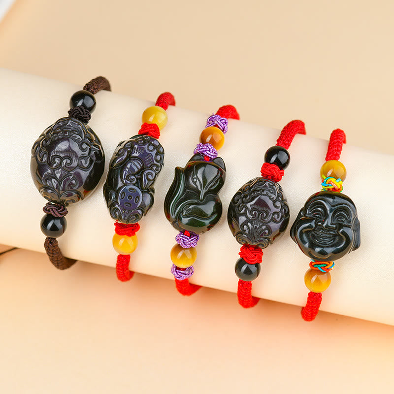 Bracelet en corde d'accomplissement du Buddha Stones rieur en obsidienne noire Fox Pi Xiu