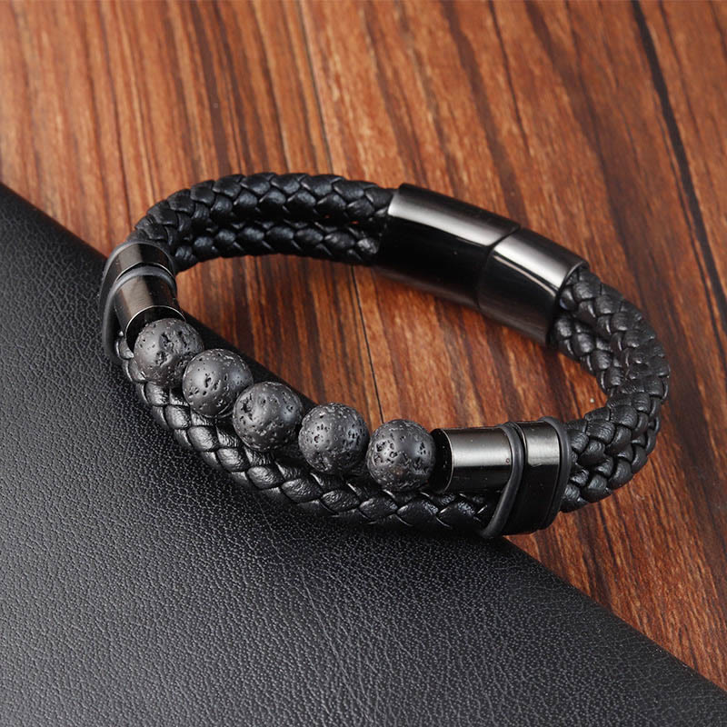 Bracelet en cuir avec boucle magnétique en pierre de lave et Buddha Stones