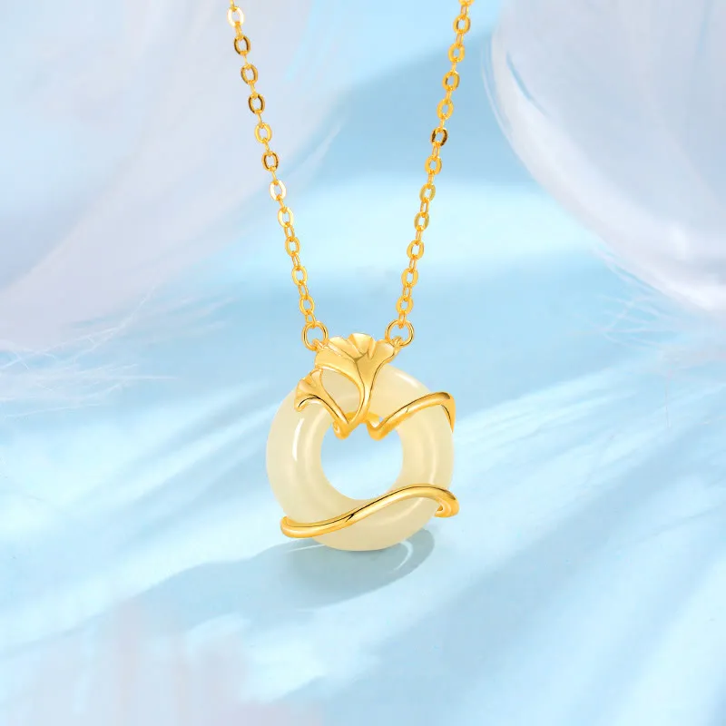 Collier pendentif feuille de ginkgo en argent sterling 925 avec boucle de paix et Buddha Stones en jade Hetian