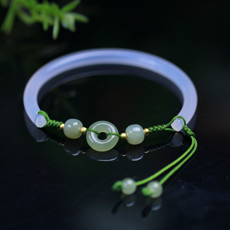 Bracelet jonc positif en Buddha Stones d'agate blanche naturelle et jade Hetian