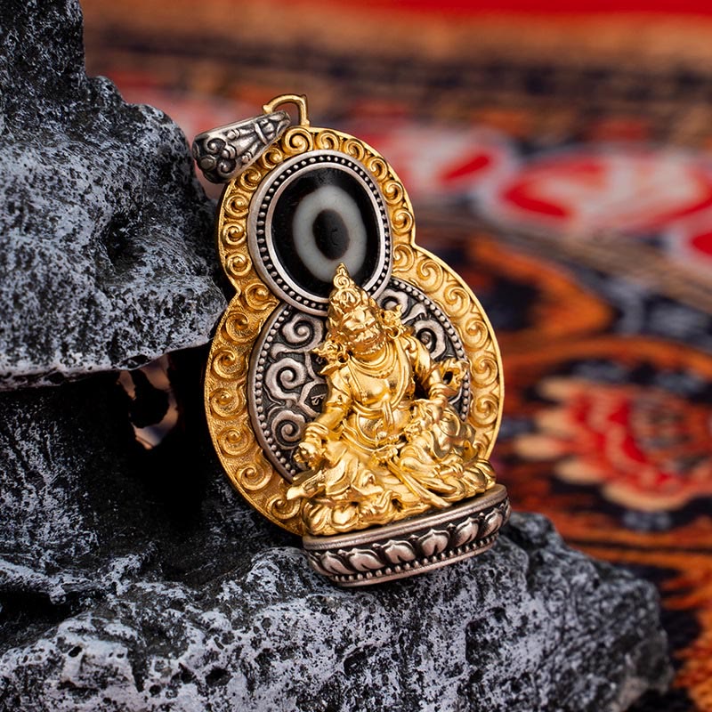 Buddha Stones 925 Argent Sterling Tibet Jaune Jambhala Dieu de la Richesse Dzi Perle Om Mani Padme Hum Bonheur Collier Pendentif