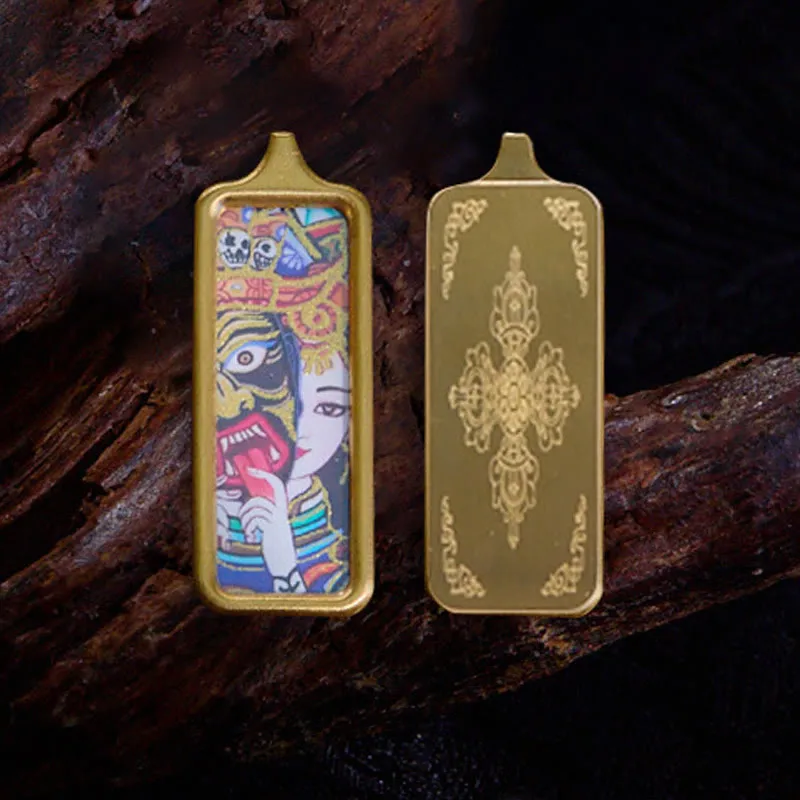 Buddha Stones Tibet Zakiram Jaune Dieu de la Richesse Renard à Neuf Queues Peint à la Main Thangka Calme Collier Pendentif