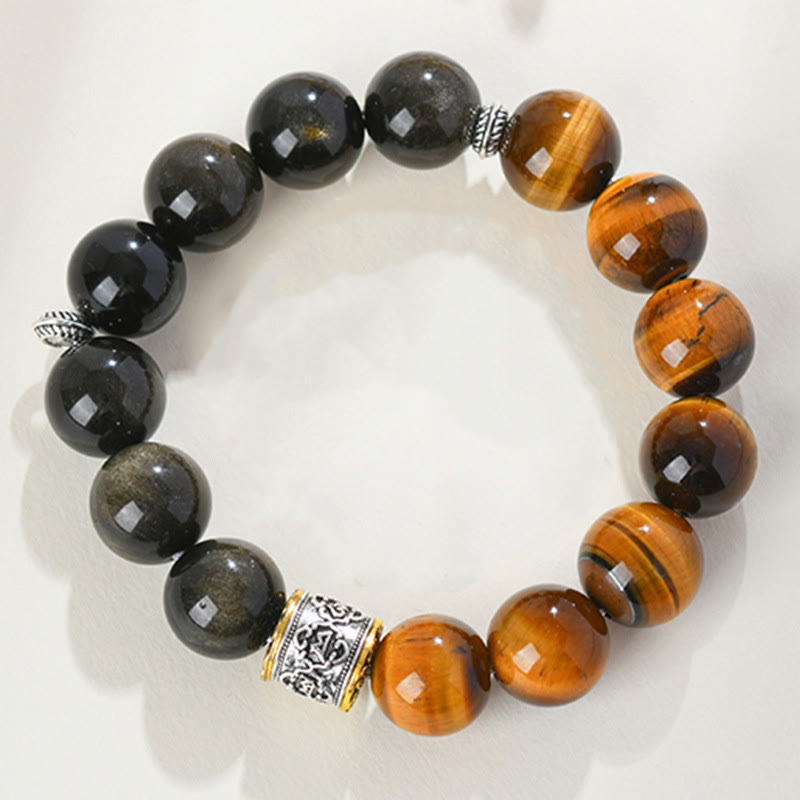 Bracelet en Buddha Stones en œil de tigre et obsidienne dorée brillante Om Mani Padme Hum