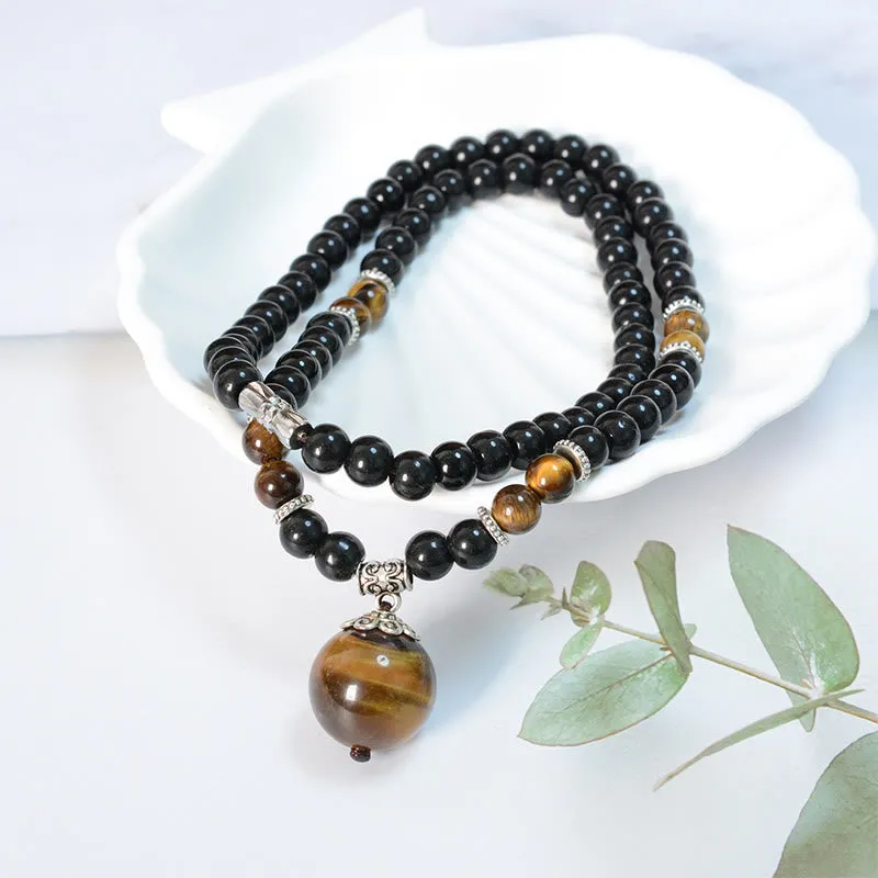 Collier pendentif renforcé en obsidienne noire et œil de tigre avec Buddha Stones