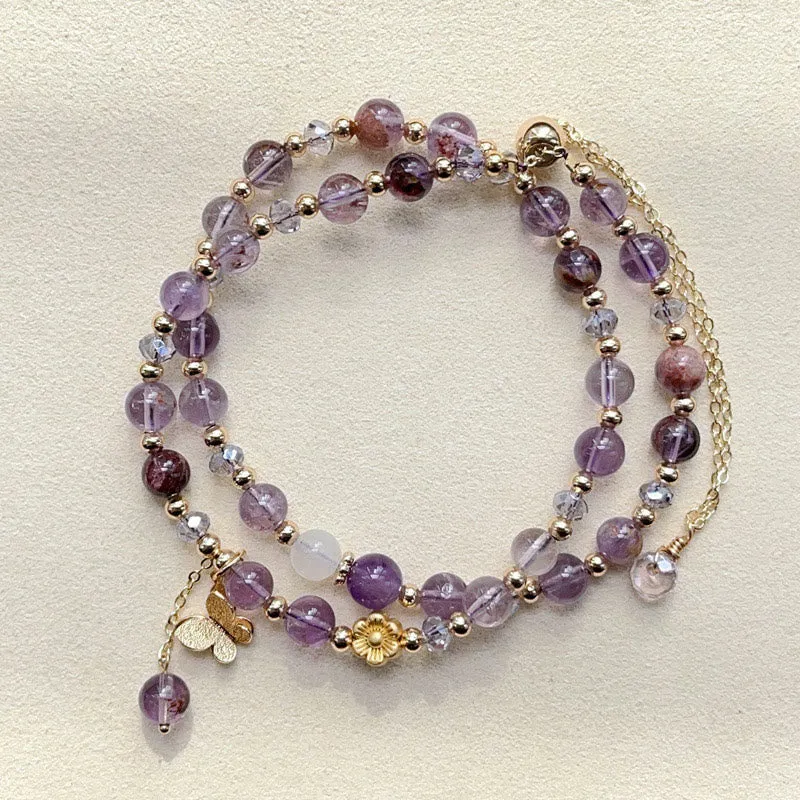 Bracelet double tour de méditation en améthyste et fleurs de papillon, Buddha Stones