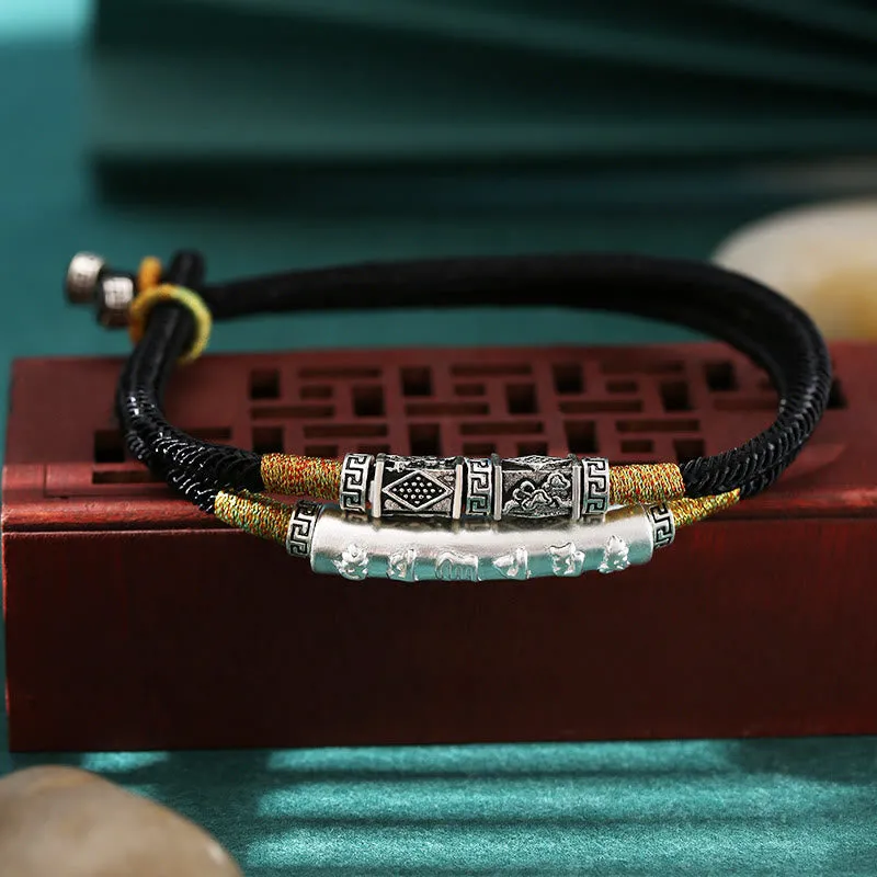 Bracelet double tissé à la main en argent sterling avec nœud de dragon et Buddha Stones