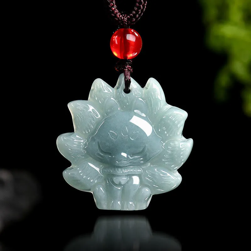 Collier pendentif renard à neuf queues en jade vert naturel et Buddha Stones