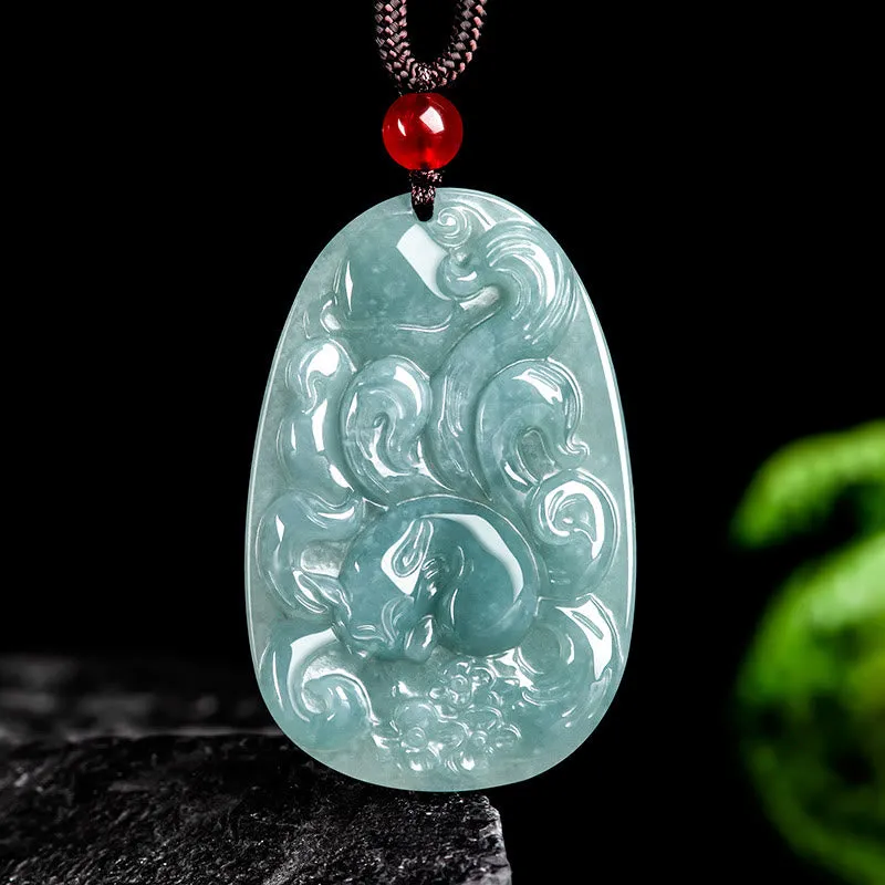 Buddha Stones pendentif porte-bonheur en jade vert naturel à neuf queues avec fleurs de renard