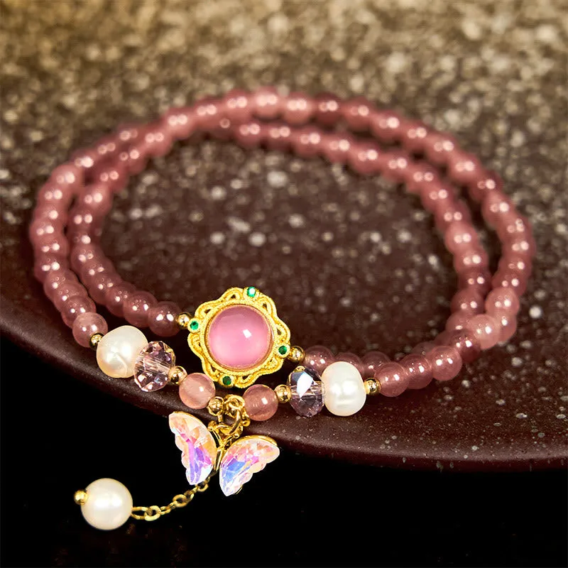 Bracelet double tour positif en Buddha Stones, quartz fraise naturel, perle, papillon, goutte d'eau