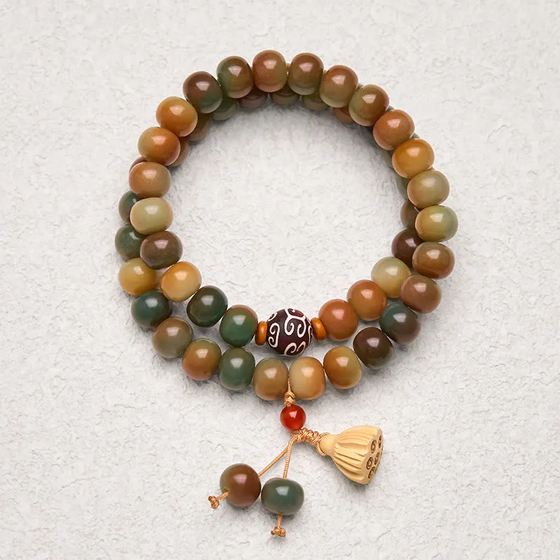 Bracelet double tour en Buddha Stones colorées, graines de Bodhi, gousse de lotus, breloque paix