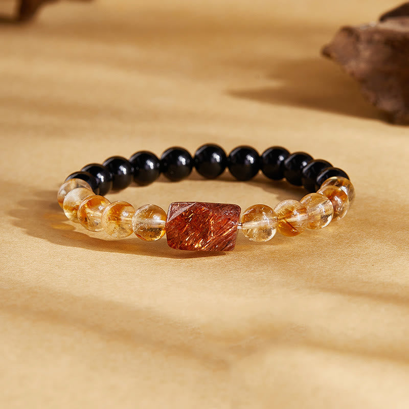 Bracelet en Buddha Stones en obsidienne noire naturelle et citrine Super Seven Crystal Strength