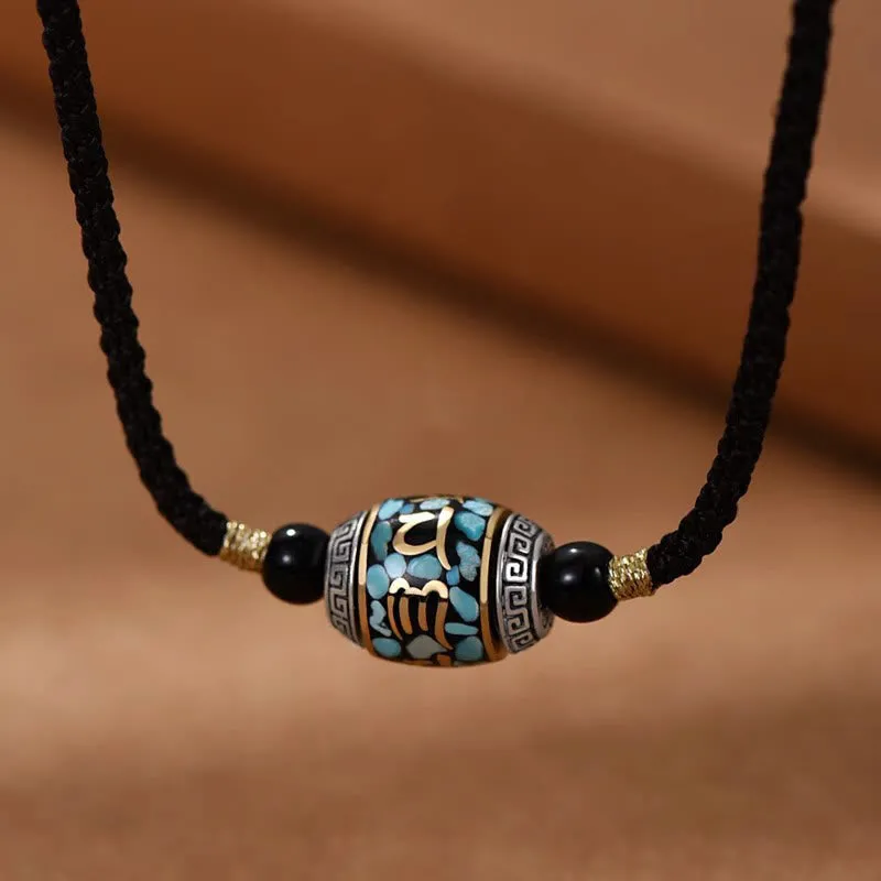 Collier pendentif rotatif en Buddha Stones tibétaines Om Mani Padme Hum Dzi