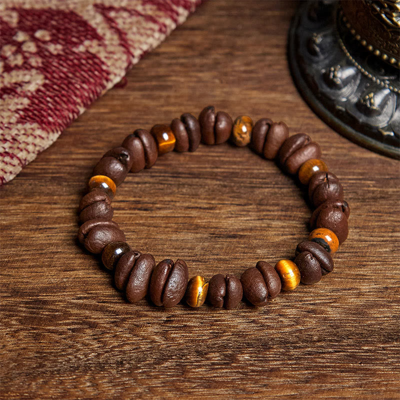 Bracelet en Buddha Stones de pierre de lave et jaspe gris œil de tigre, grains de café naturels