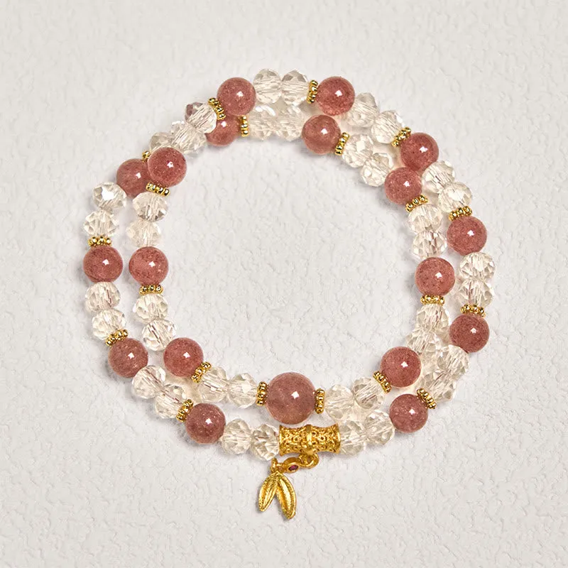 Bracelet double tour en bambou et cristal de quartz fraise naturel Buddha Stones