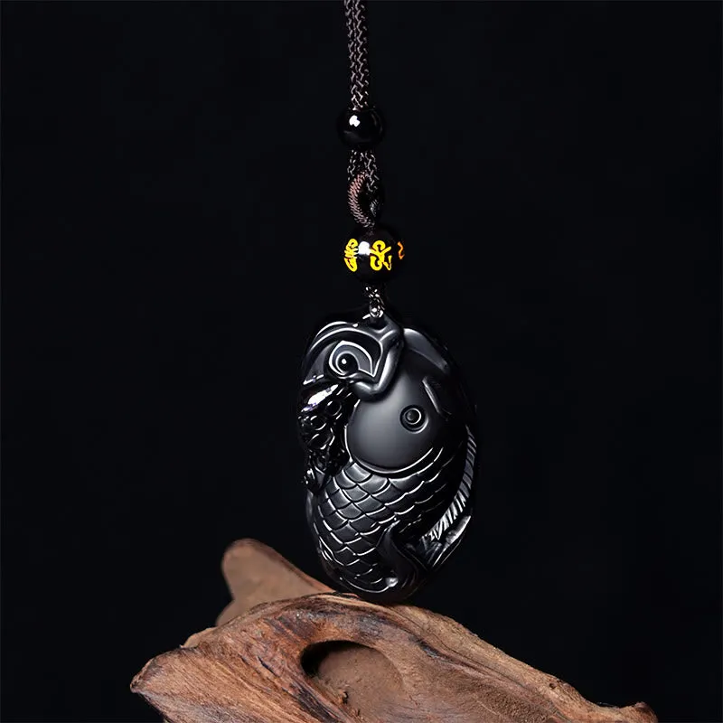 Collier pendentif force amphioxus en obsidienne noire naturelle de Buddha Stones