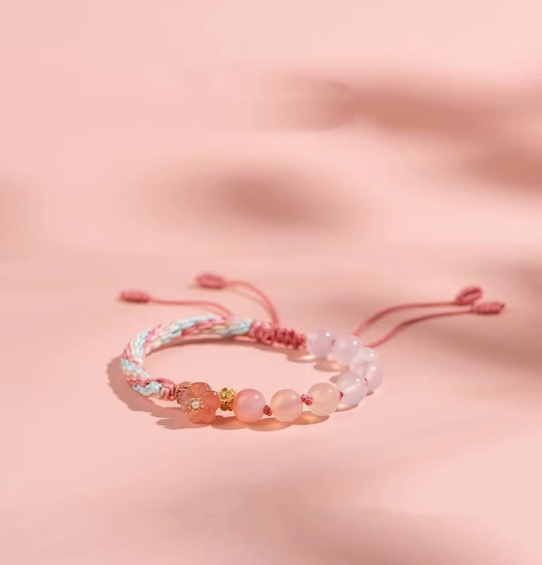 Bracelet en corde fait main avec Buddha Stones en agate naturelle dégradée et nœud de réincarnation en fleur de pêcher