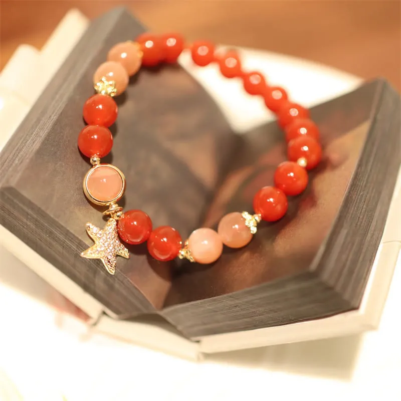 Bracelet de richesse en pierre de soleil, pierre de lune, agate rouge, cristal, étoile