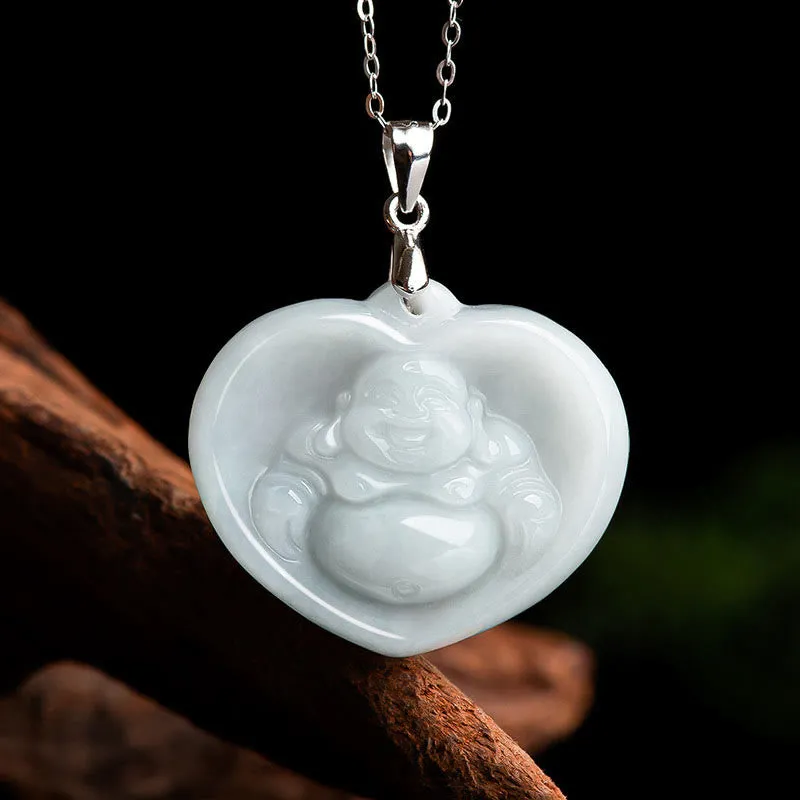 Buddha Stones pendentif porte-bonheur en jade blanc Bouddha rieur en argent sterling 925