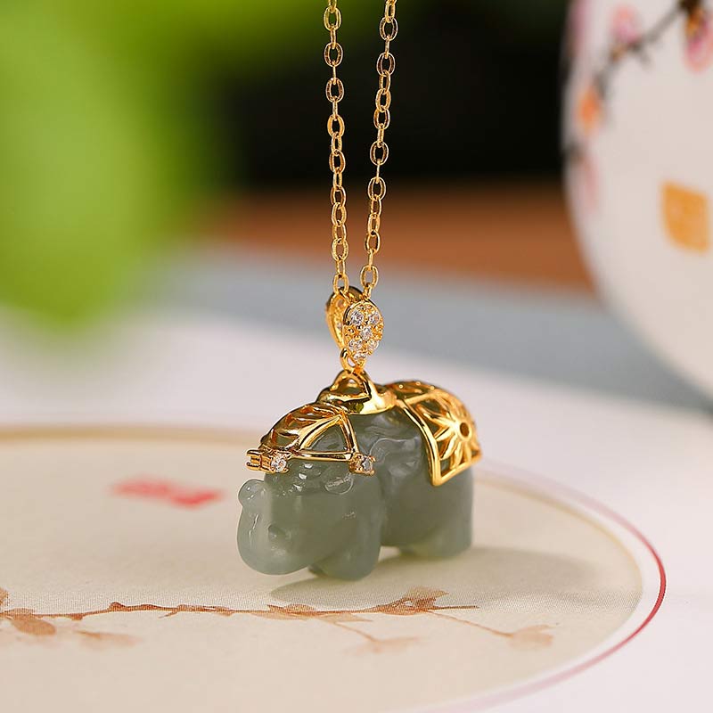 Buddha Stones Argent Sterling 925 Jade Eléphant Bénédiction Fortune Collier Chaîne Pendentif