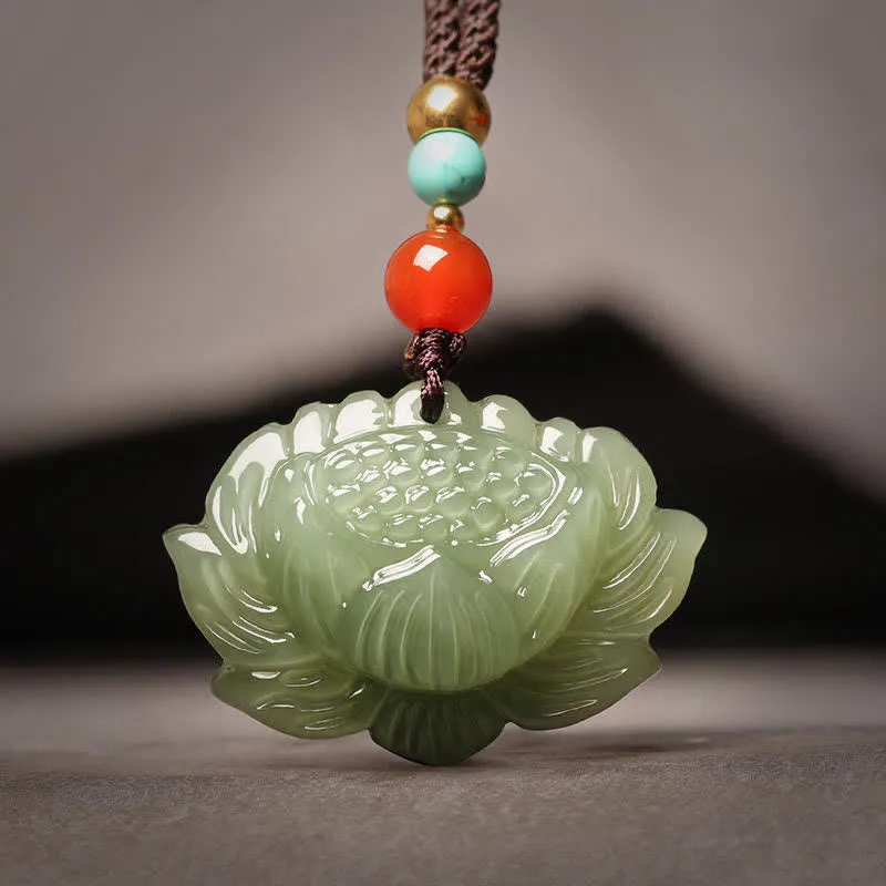 Collier pendentif fleur de lotus en jade cyan Hetian Buddha Stones