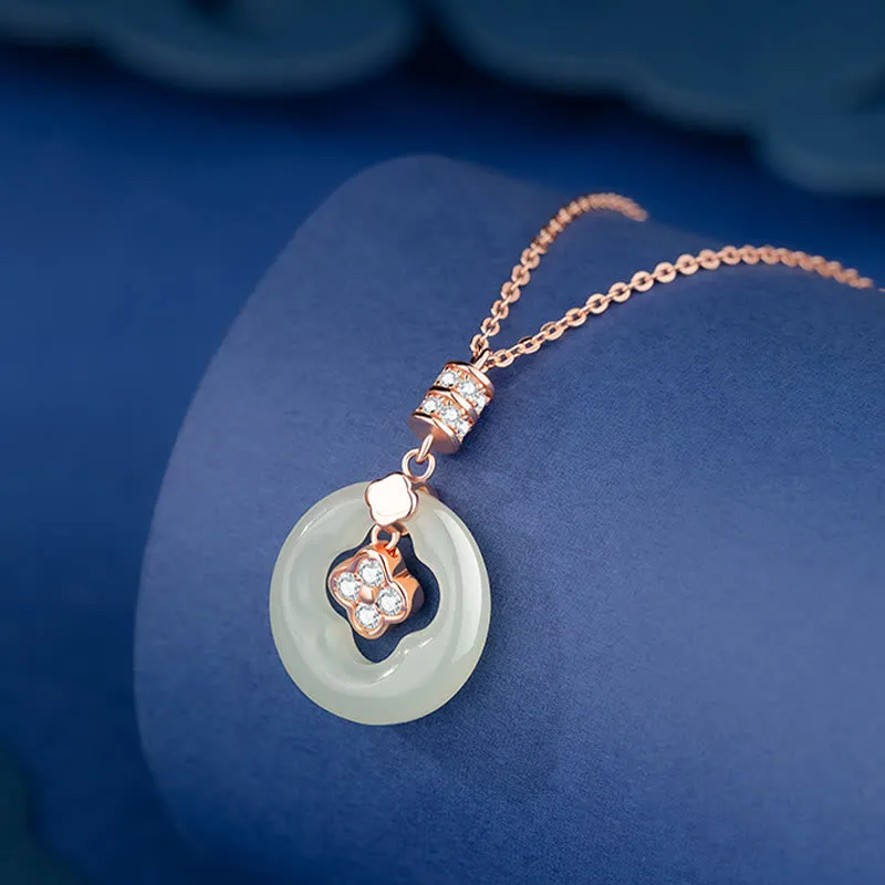 Collier pendentif trèfle à quatre feuilles en argent sterling 925 et jade Hetian naturel avec Buddha Stones et zircon avec boîte cadeau