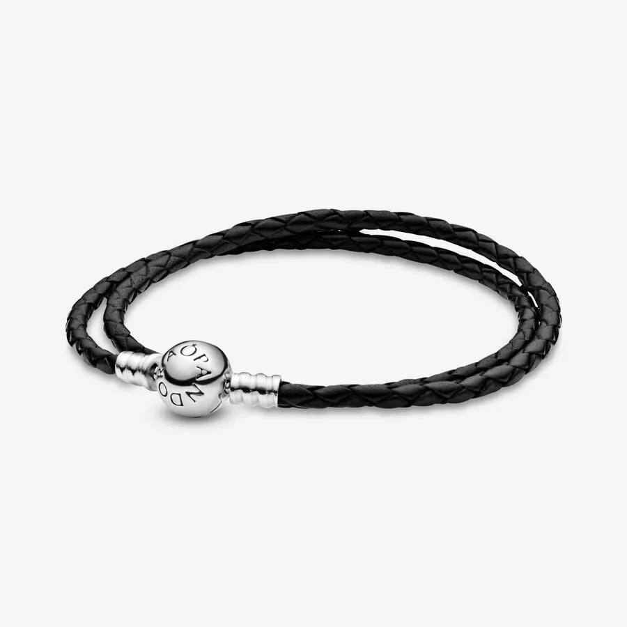 Cuir Tressé Noir & Argent - Double Tour - Bracelet Pandora