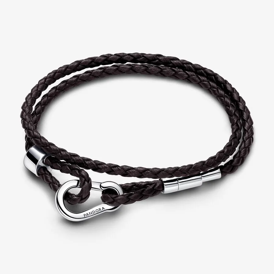 Cuir Tressé Marron & Argent - Double Tour - Bracelet Pandora