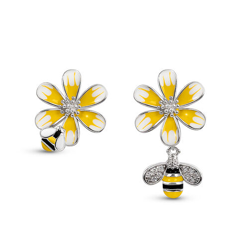 Jeulia Boucles d'oreilles "Abeille à miel" Fleur Émail Argent Sterling