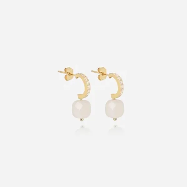 Boucles d'oreilles créoles Zag bijoux PABLO en acier doré, oxydes de zirconium et agates blanches