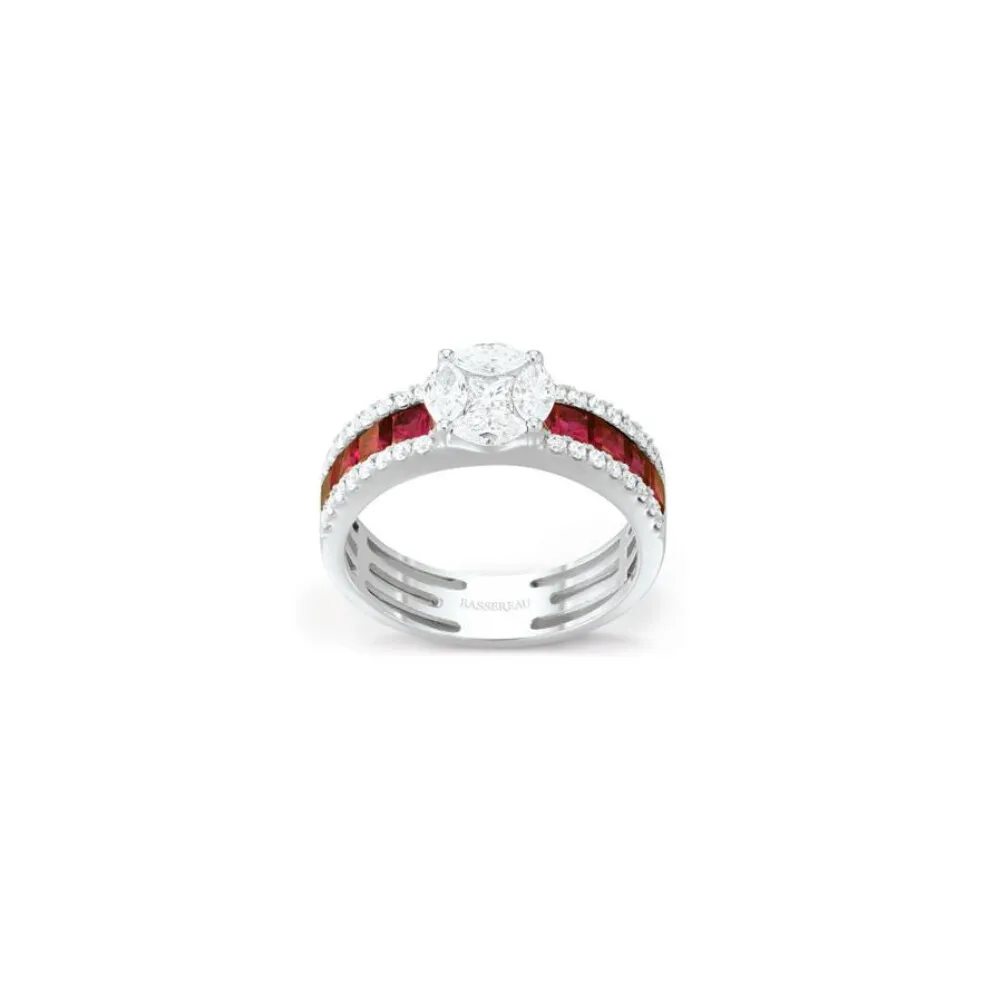 Bague Art Déco en or blanc, rubis et diamants