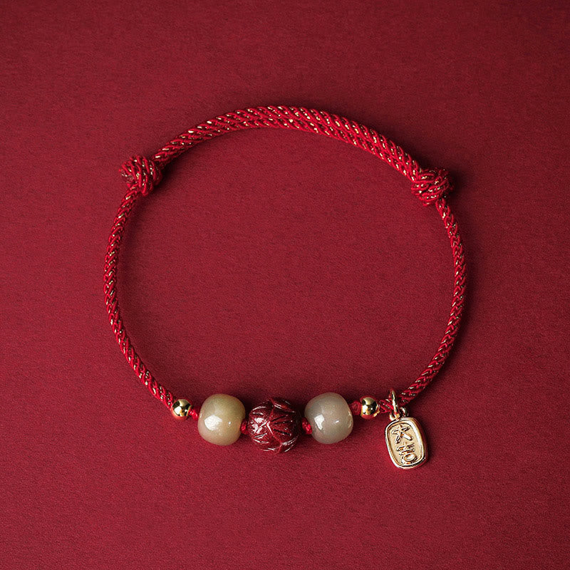 Bracelet en corde fait main en jade Hetian plaqué or 14 carats avec lotus porte-bonheur de Buddha Stones